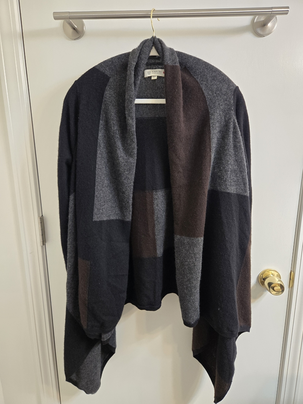 Kinross 100% Cashmere Colorblock Open Front Long Cardigan Sweater Grey L